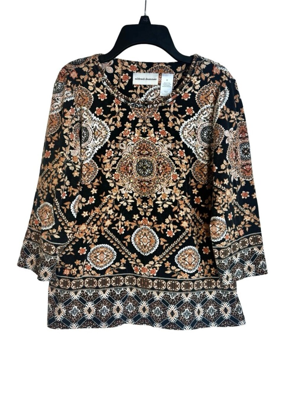 Alfred Dunner Top Small 3/4 Sleeve Medallion Print Embellished